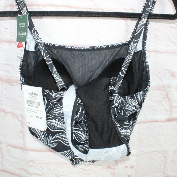 LL Bean Black Botanical Squareneck Tanksuit One-Piece Swimwear Size 12 - Picture 9 of 10